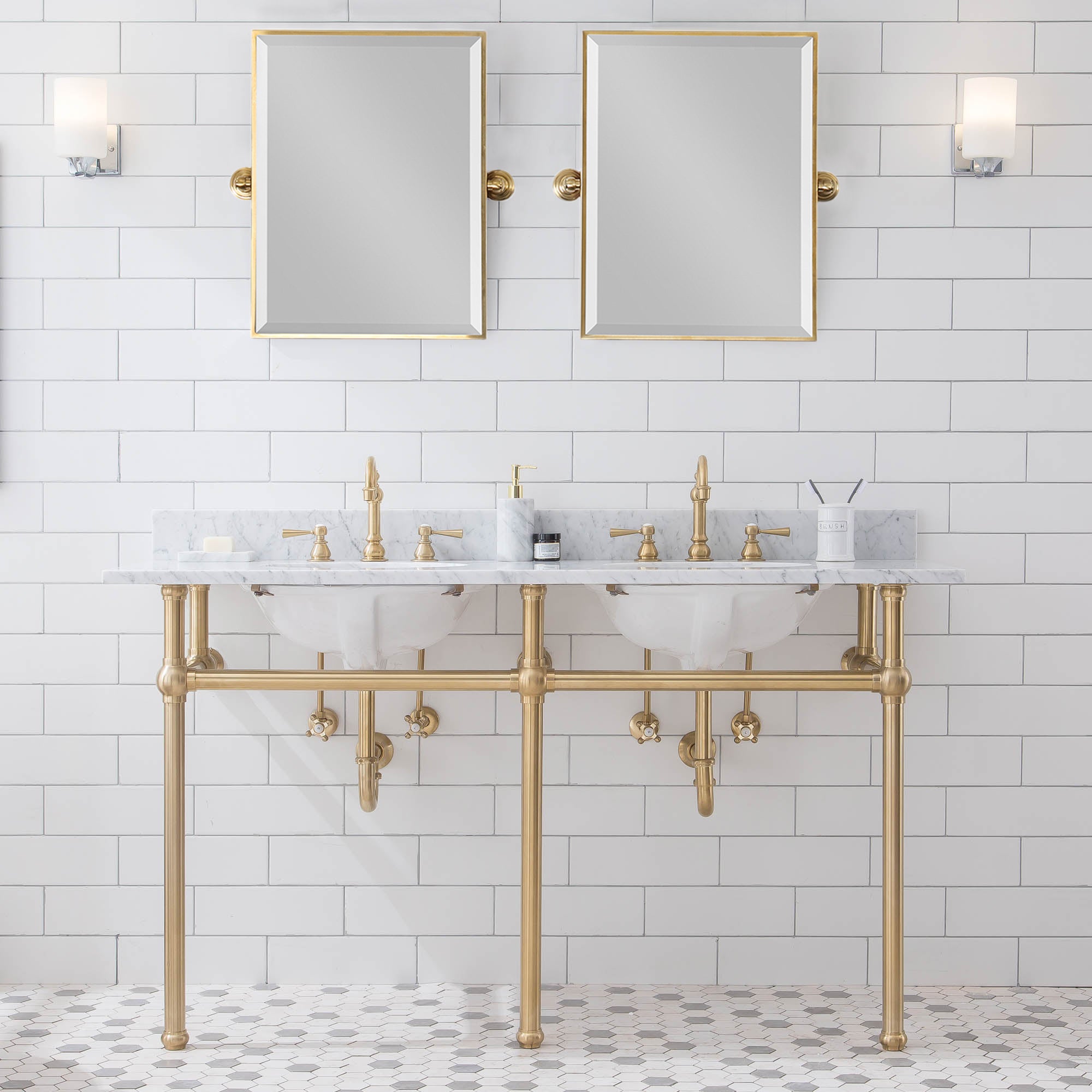 Water Creation | Embassy 60 Inch Wide Double Wash Stand, P-Trap, Counter Top with Basin, and F2-0012 Faucet included in Satin Gold Finish | EB60D-0612