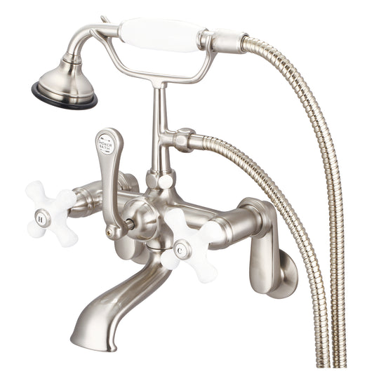 Water Creation | Vintage Classic Adjustable Center Wall Mount Tub Faucet With Swivel Wall Connector & Handheld Shower in Brushed Nickel Finish With Porcelain Cross Handles, Hot And Cold Labels Included | F6-0009-02-PX