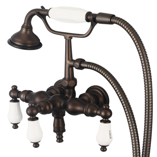 Water Creation | Vintage Classic 3.375 Inch Center Wall Mount Tub Faucet With Down Spout, Straight Wall Connector & Handheld Shower in Oil-rubbed Bronze Finish Finish With Porcelain Lever Handles, Hot And Cold Labels Included | F6-0017-03-CL