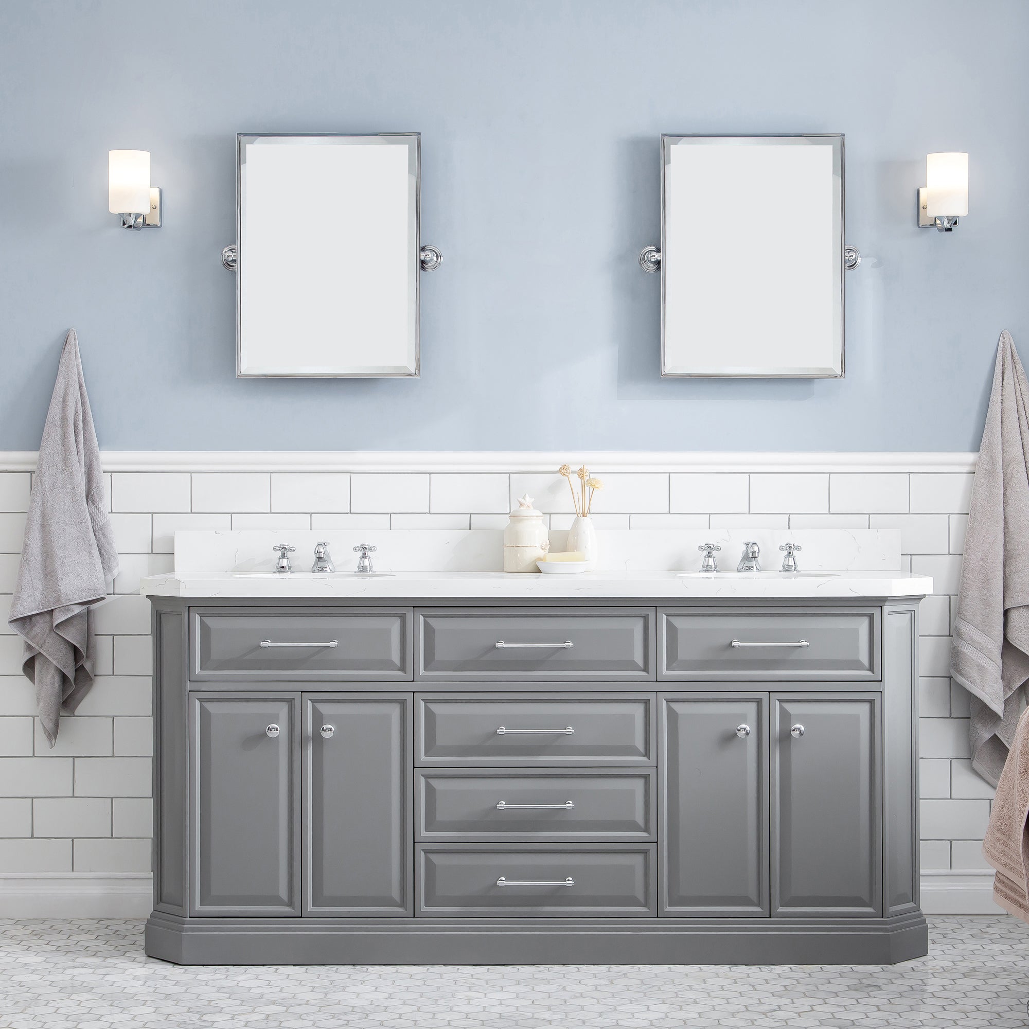 Water Creation | 72" Palace Collection Quartz Carrara Cashmere Grey Bathroom Vanity Set With Hardware in Chrome Finish | PA72QZ01CG-000000000