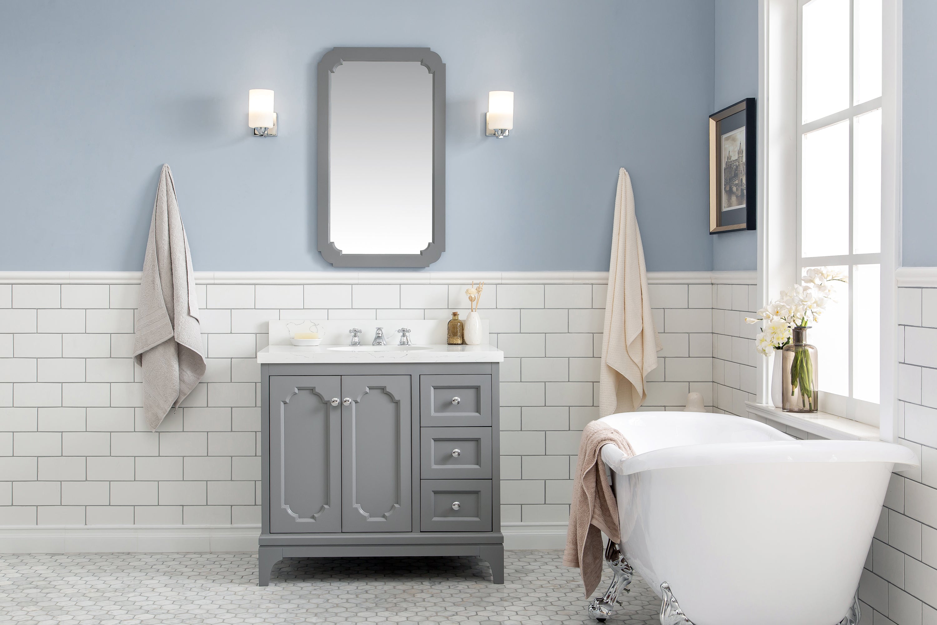 Water Creation | Queen 36-Inch Single Sink Quartz Carrara Vanity In Cashmere Grey With Matching Mirror(s) | QU36QZ01CG-Q21000000