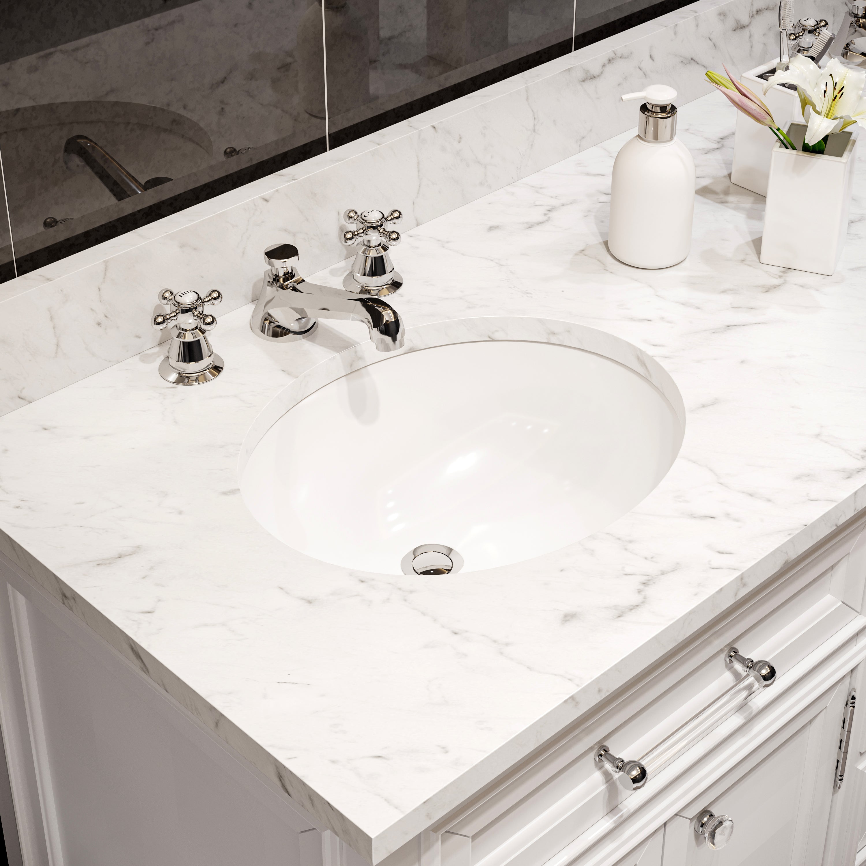 Water Creation | 60 Inch Pure White Double Sink Bathroom Vanity With Matching Framed Mirrors And Faucets From The Derby Collection | DE60CW01PW-O21BX0901