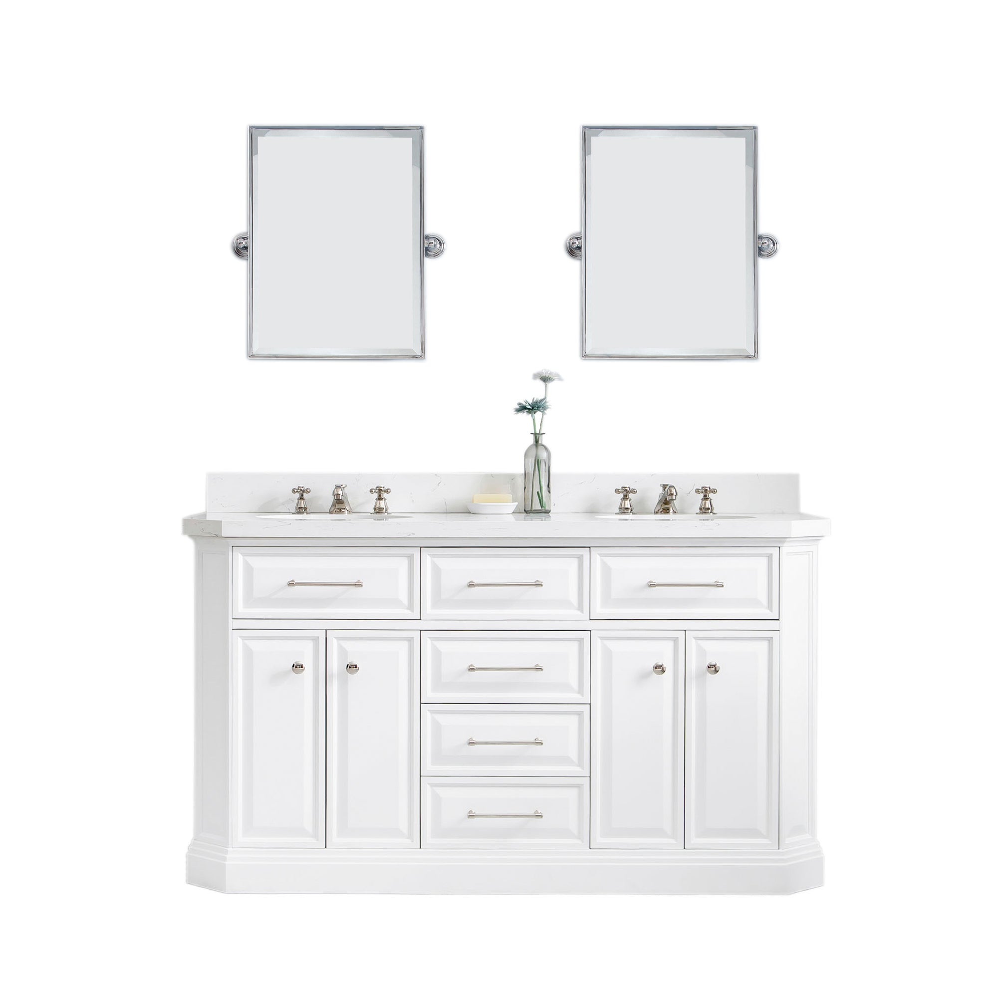 Water Creation | 60" Palace Collection Quartz Carrara Pure White Bathroom Vanity Set With Hardware, Mirror in Polished Nickel (PVD) Finish | PA60QZ05PW-E18000000