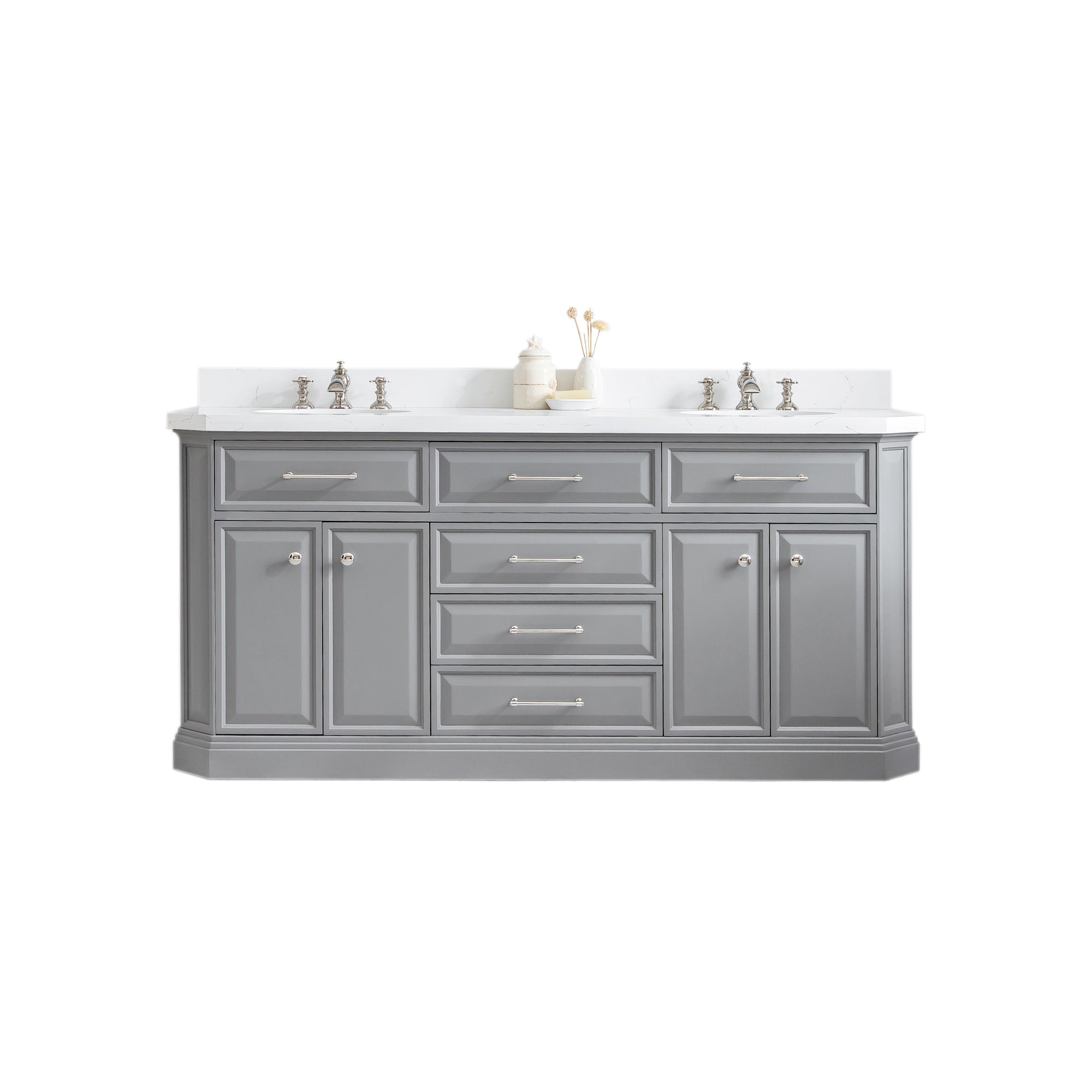 Water Creation | 72" Palace Collection Quartz Carrara Cashmere Grey Bathroom Vanity Set With Hardware And F2-0013 Faucets in Polished Nickel (PVD) Finish | PA72QZ05CG-000FX1305