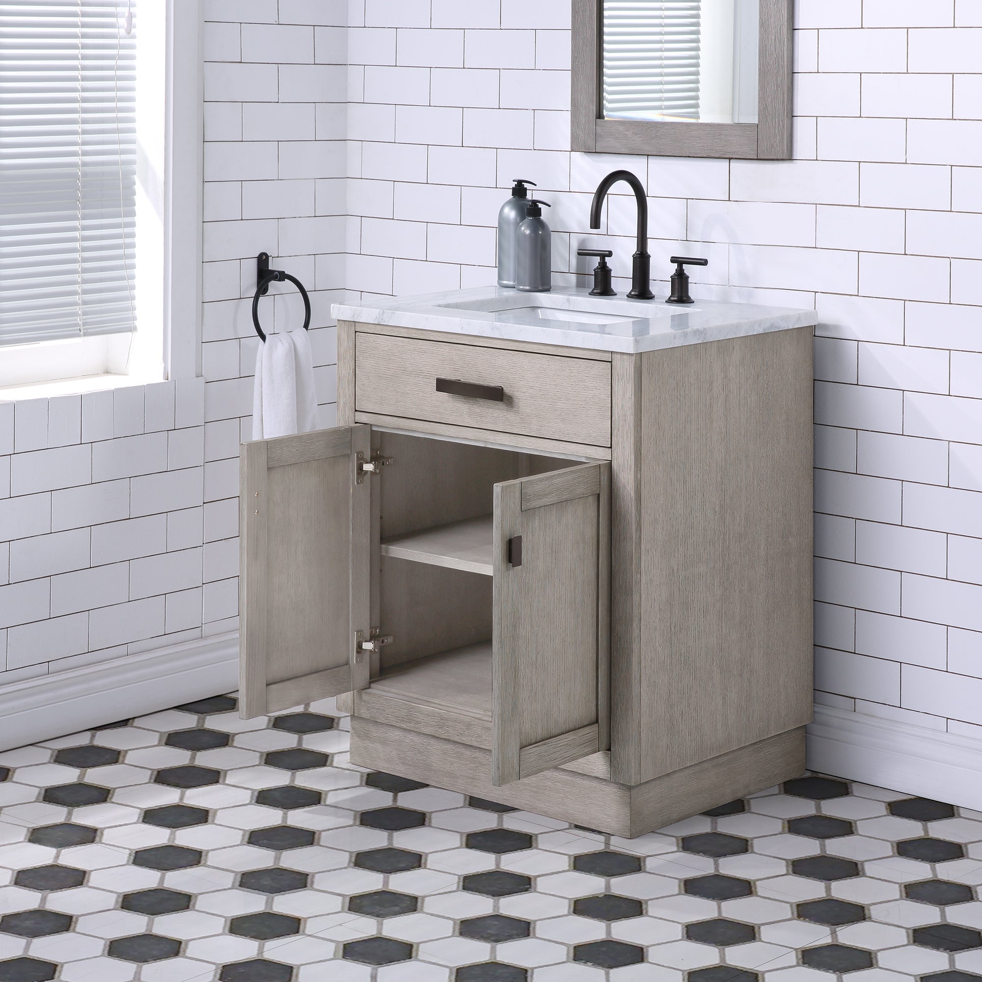 Water Creation | Chestnut 30 In. Single Sink Carrara White Marble Countertop Vanity In Grey Oak with Grooseneck Faucet and Mirror | CH30CW03GK-R21BL1403