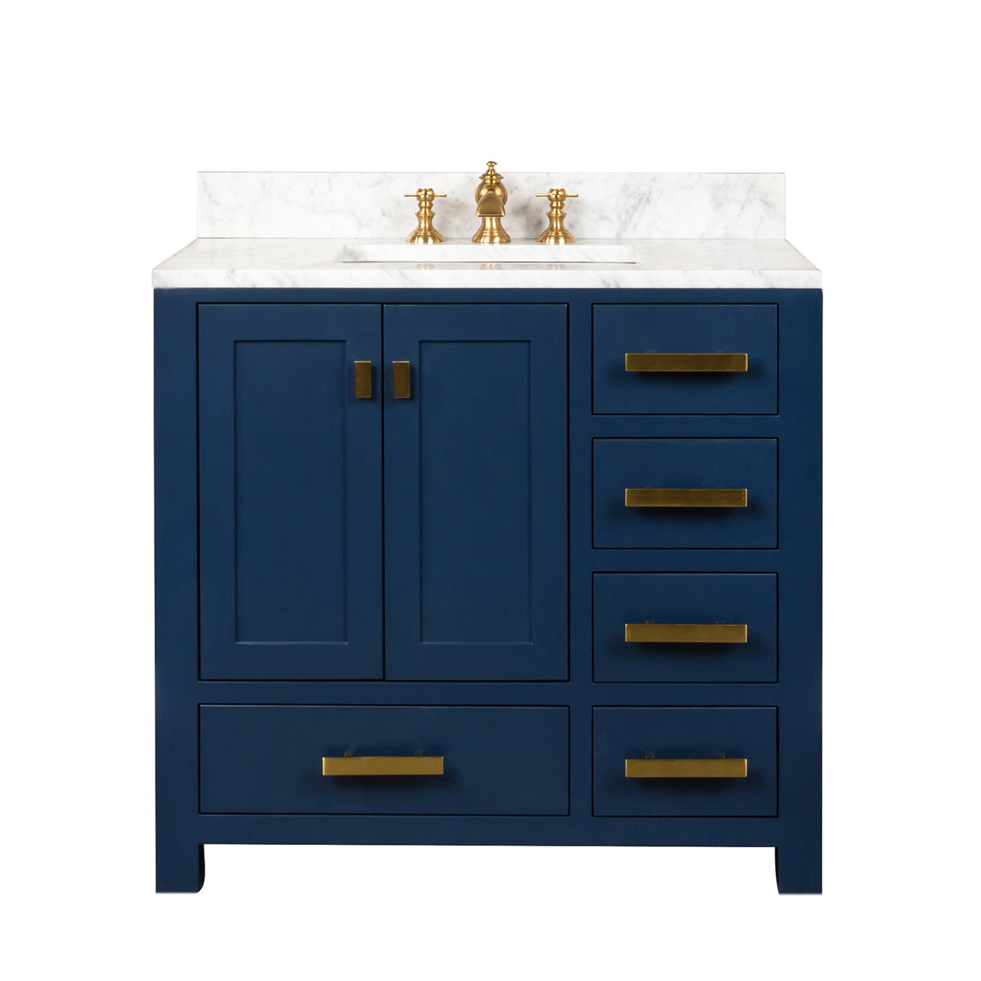 Water Creation | Madison 36-Inch Single Sink Carrara White Marble Vanity In Monarch Blue With F2-0013-06-FX Lavatory Faucet | MS36CW06MB-000FX1306