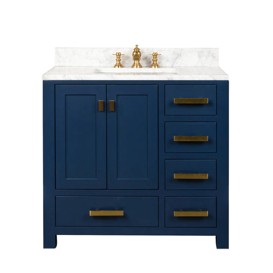 Water Creation | Madison 36-Inch Single Sink Carrara White Marble Vanity In Monarch Blue With F2-0013-06-FX Lavatory Faucet | MS36CW06MB-000FX1306
