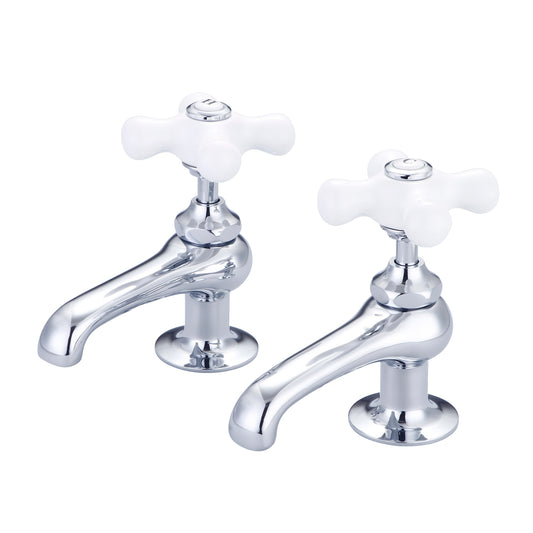 Water Creation | Vintage Classic Basin Cocks Lavatory Faucets in Chrome Finish With Porcelain Cross Handles, Hot And Cold Labels Included | F1-0003-01-PX