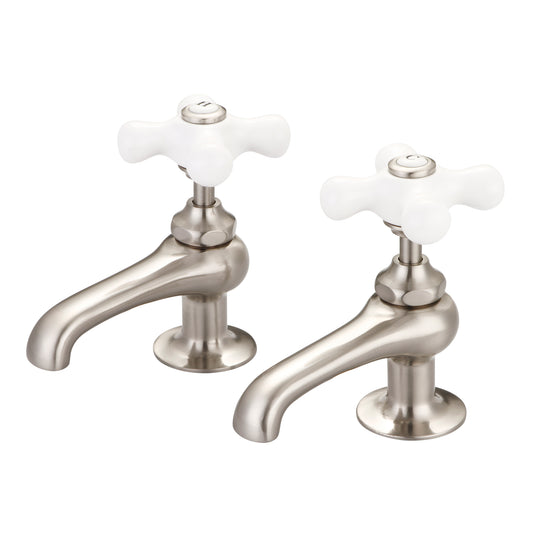 Water Creation | Vintage Classic Basin Cocks Lavatory Faucets in Brushed Nickel Finish With Porcelain Cross Handles, Hot And Cold Labels Included | F1-0003-02-PX