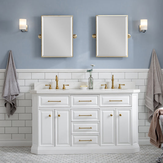 Water Creation | 60" Palace Collection Quartz Carrara Pure White Bathroom Vanity Set With Hardware And F2-0012 Faucets in Satin Gold Finish And Only Mirrors in Chrome Finish | PA60QZ06PW-000TL1206