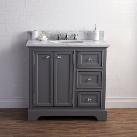 Water Creation | 36 Inch Wide Cashmere Grey Single Sink Carrara Marble Bathroom Vanity With Matching Mirror From The Derby Collection | DE36CW01CG-B24000000