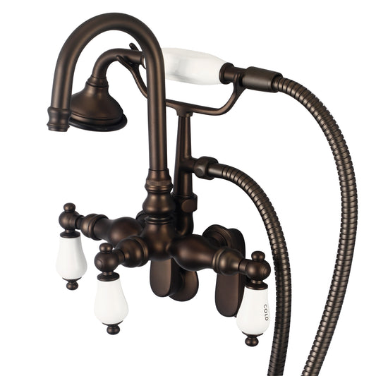Water Creation | Vintage Classic Adjustable Spread Wall Mount Tub Faucet With Gooseneck Spout, Swivel Wall Connector & Handheld Shower in Oil-rubbed Bronze Finish Finish With Porcelain Lever Handles, Hot And Cold Labels Included | F6-0011-03-CL
