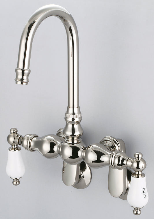 Water Creation | Vintage Classic Adjustable Spread Wall Mount Tub Faucet With Gooseneck Spout & Swivel Wall Connector in Polished Nickel (PVD) Finish With Porcelain Lever Handles, Hot And Cold Labels Included | F6-0015-05-CL