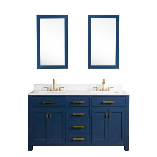 Water Creation | Madison 60-Inch Double Sink Carrara White Marble Vanity In Monarch BlueWith Matching Mirror(s) and F2-0012-06-TL Lavatory Faucet(s) | MS60CW06MB-R21TL1206