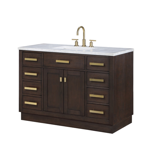 Water Creation | Chestnut 48 In. Single Sink Carrara White Marble Countertop Vanity In Brown Oak with Grooseneck Faucet | CH48CW06BK-000BL1406