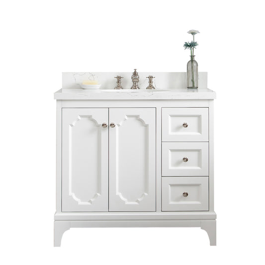 Water Creation | Queen 36-Inch Single Sink Quartz Carrara Vanity In Pure White  With F2-0013-05-FX Lavatory Faucet(s) | QU36QZ05PW-000FX1305