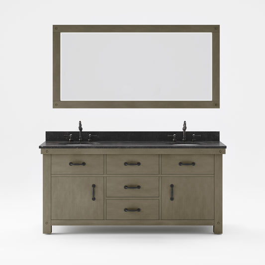 Water Creation | 72 Inch Grizzle Grey Double Sink Bathroom Vanity With Mirror And Faucets With Blue Limestone Counter Top From The ABERDEEN Collection | AB72BL03GG-A72BX1203