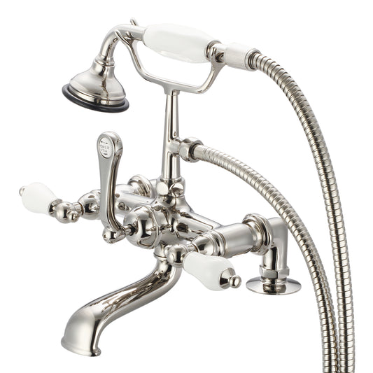 Water Creation | Vintage Classic 7 Inch Spread Deck Mount Tub Faucet With 2 Inch Risers & Handheld Shower in Polished Nickel (PVD) Finish With Porcelain Lever Handles Without labels | F6-0007-05-PL