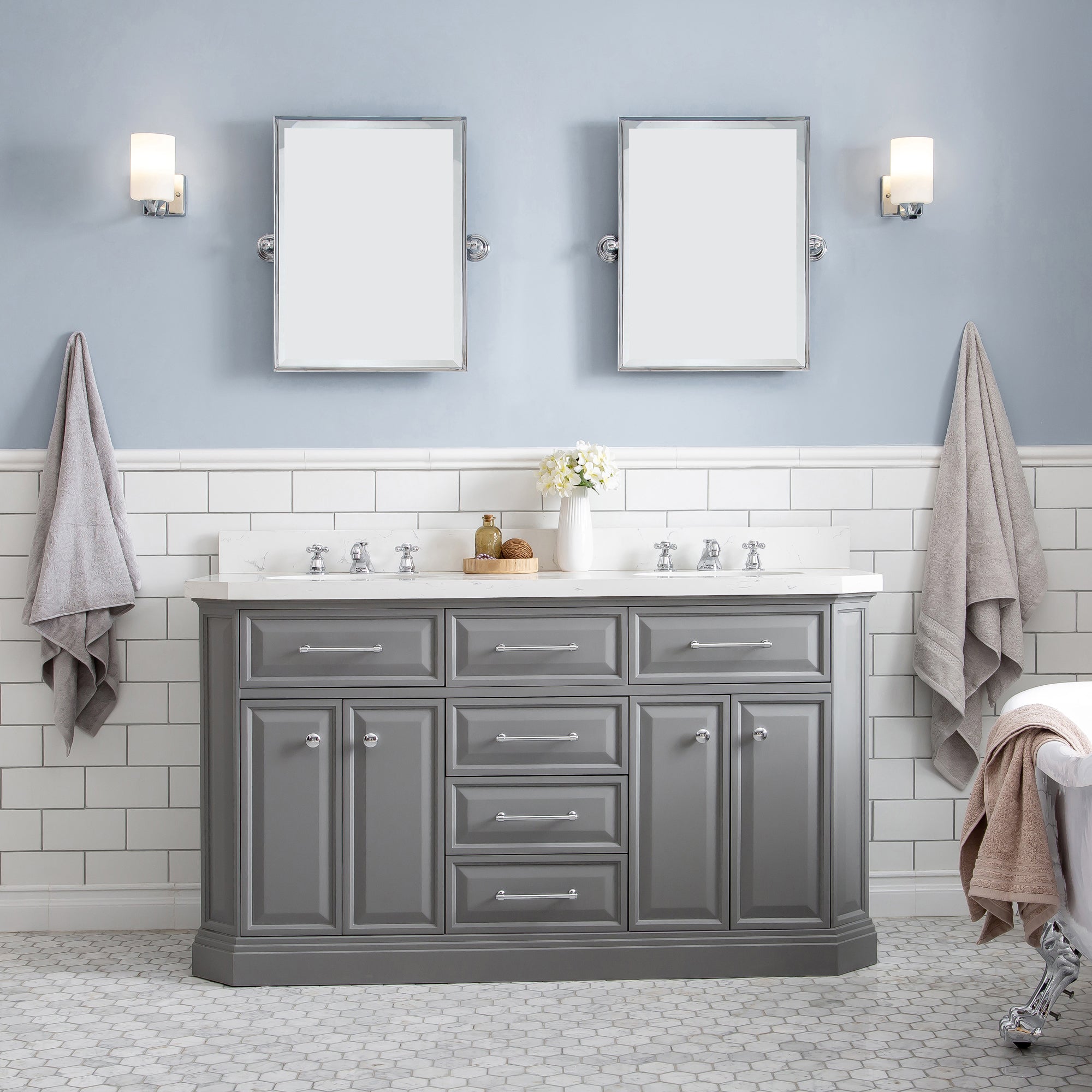 Water Creation | 60" Palace Collection Quartz Carrara Cashmere Grey Bathroom Vanity Set With Hardware in Chrome Finish | PA60QZ01CG-000000000