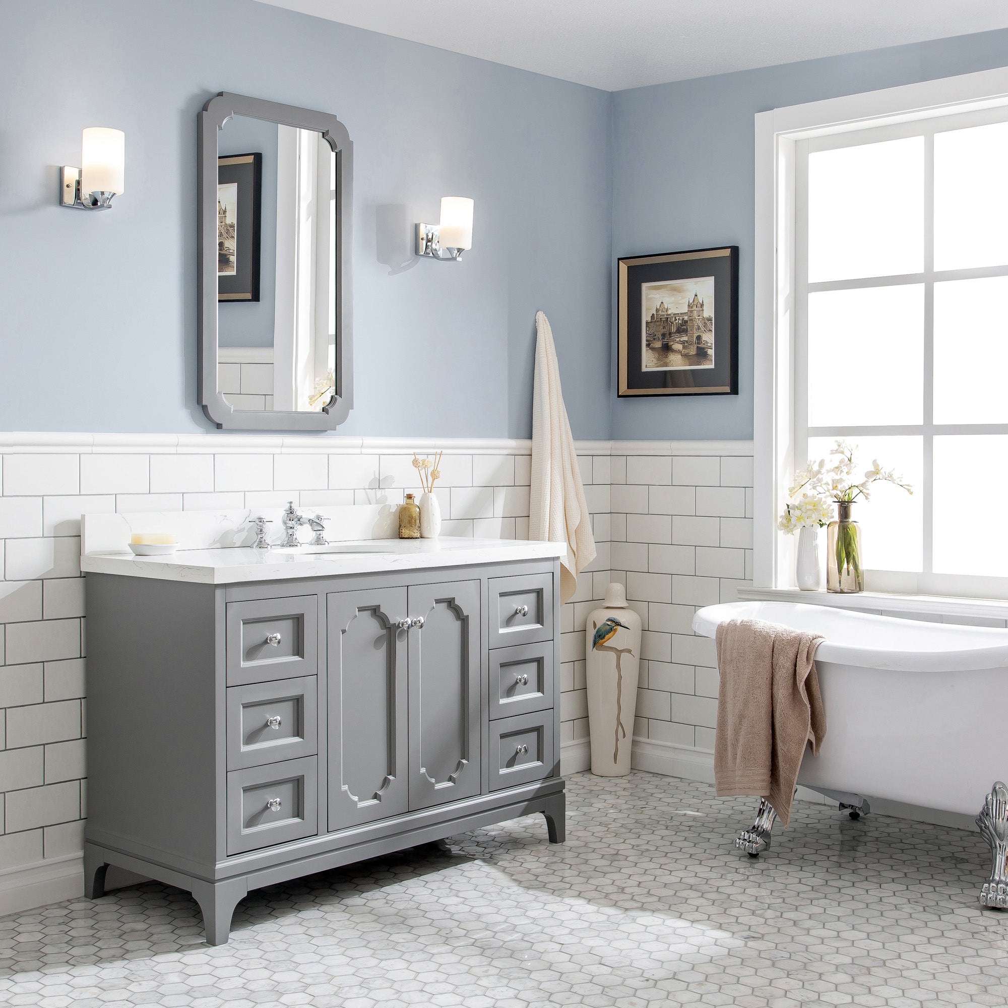 Water Creation | Queen 48-Inch Single Sink Quartz Carrara Vanity In Cashmere Grey  With F2-0013-01-FX Lavatory Faucet(s) | QU48QZ01CG-000FX1301