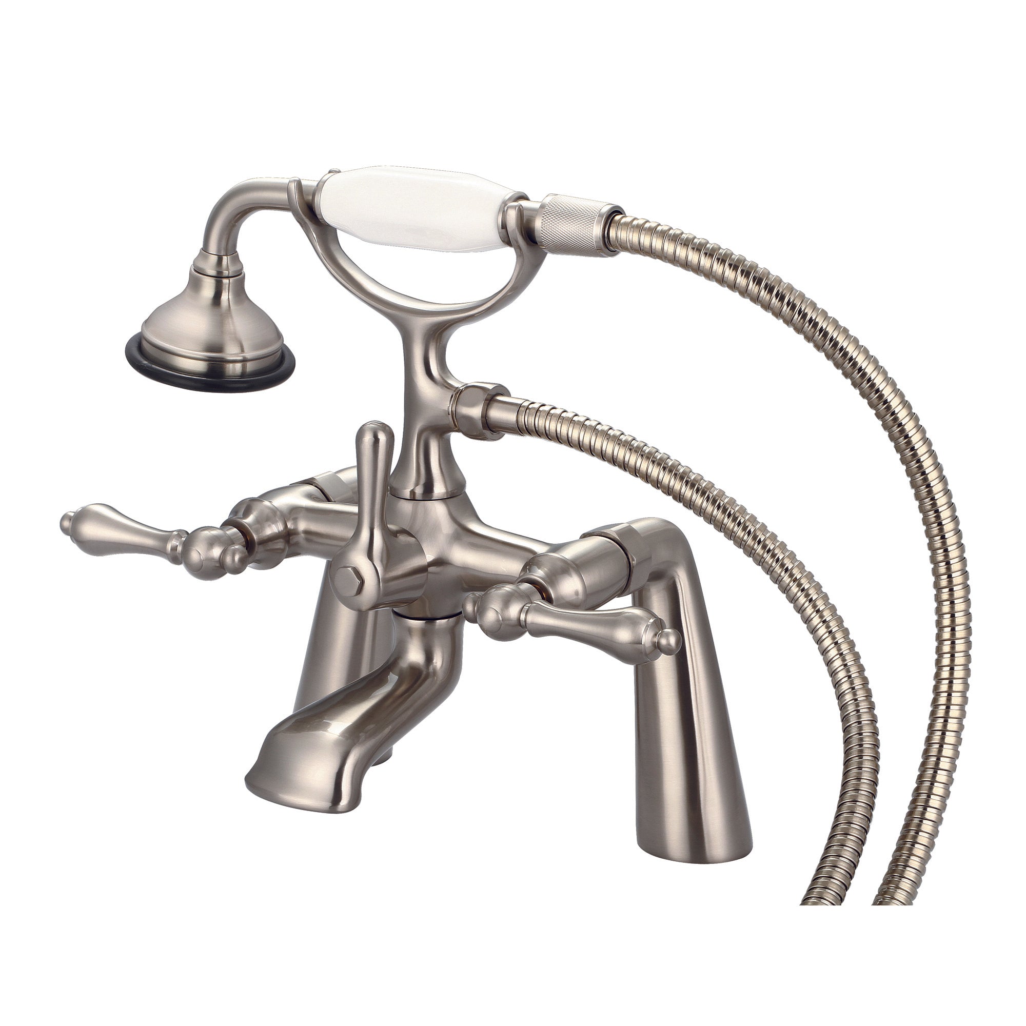 Water Creation | Vintage Classic 7 Inch Spread Deck Mount Tub Faucet With Handheld Shower in Brushed Nickel Finish With Metal Lever Handles Without Labels | F6-0003-02-AL