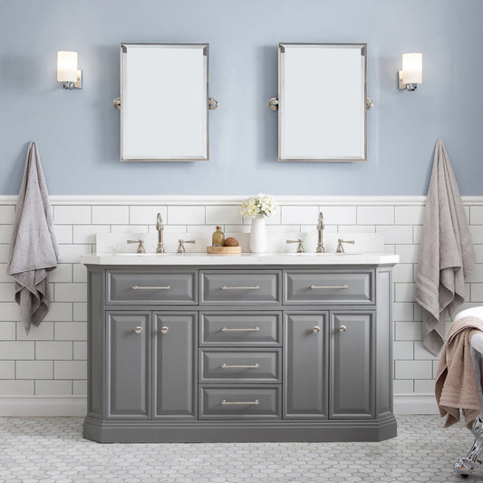 Water Creation | 60" Palace Collection Quartz Carrara Cashmere Grey Bathroom Vanity Set With Hardware, Mirror in Polished Nickel (PVD) Finish | PA60QZ05CG-E18000000