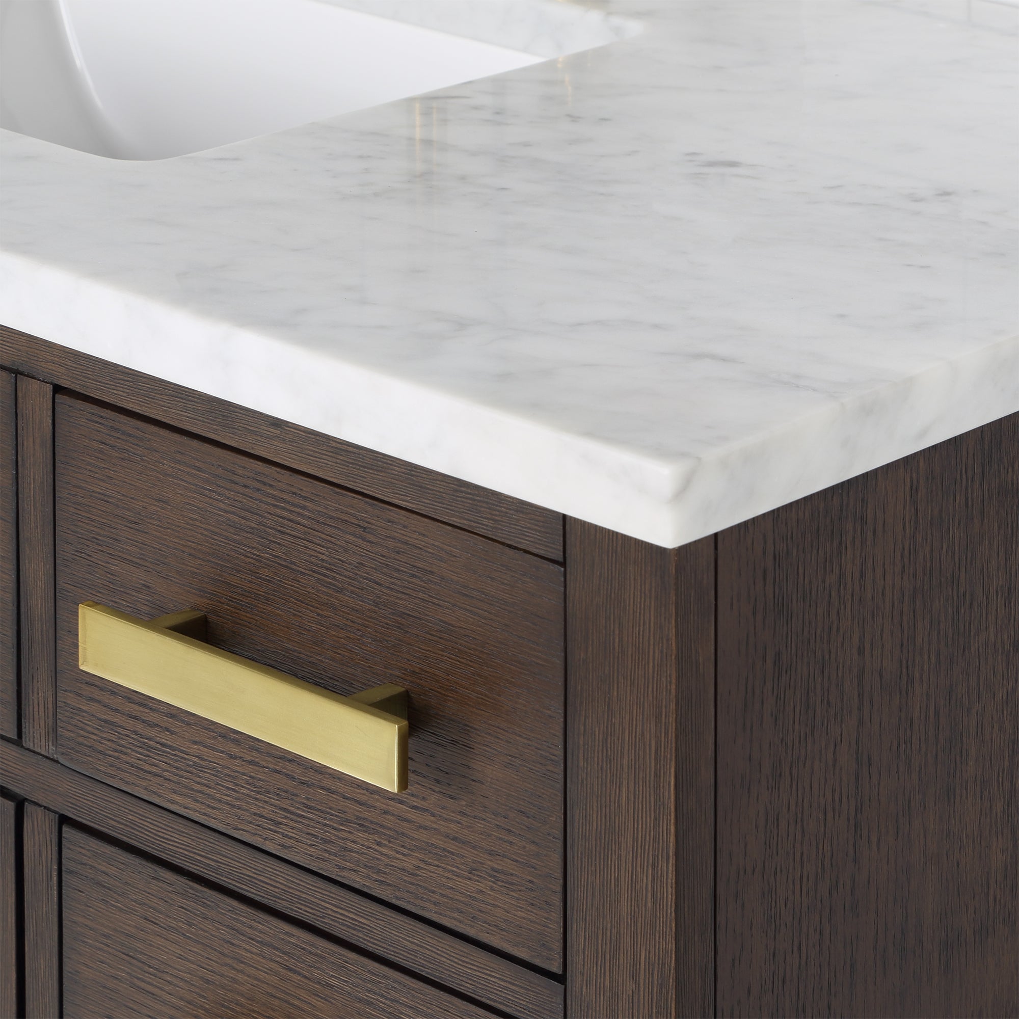 Water Creation | Chestnut 48 In. Single Sink Carrara White Marble Countertop Vanity In Brown Oak with Grooseneck Faucet and Mirror | CH48CW06BK-R21BL1406
