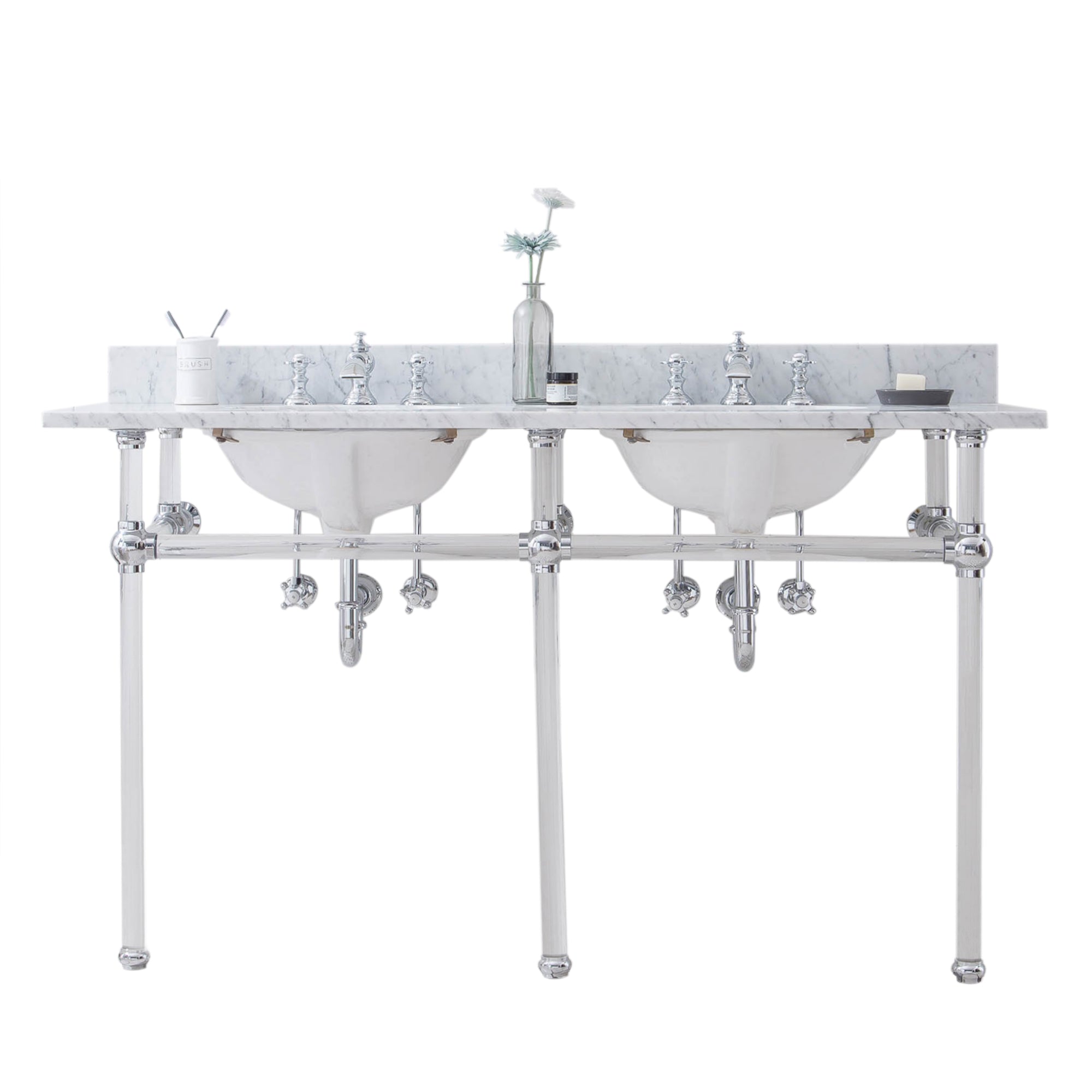 Water Creation | Empire 60 Inch Wide Double Wash Stand, P-Trap, Counter Top with Basin, and F2-0013 Faucet included in Chrome Finish | EP60D-0113