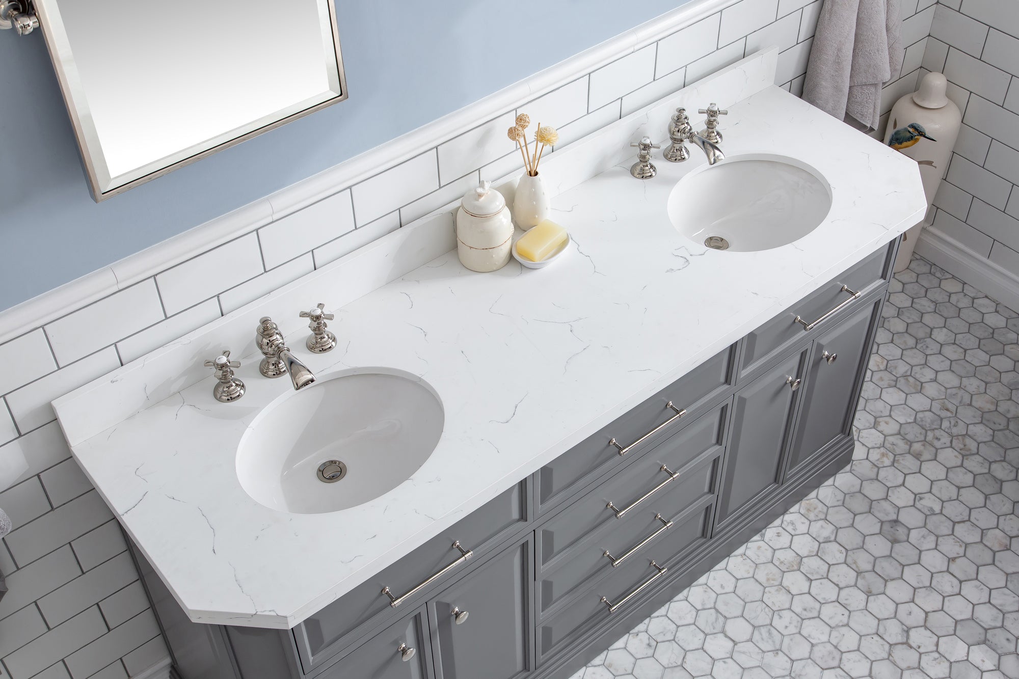 Water Creation | 72" Palace Collection Quartz Carrara Cashmere Grey Bathroom Vanity Set With Hardware And F2-0013 Faucets, Mirror in Polished Nickel (PVD) Finish | PA72QZ05CG-E18FX1305