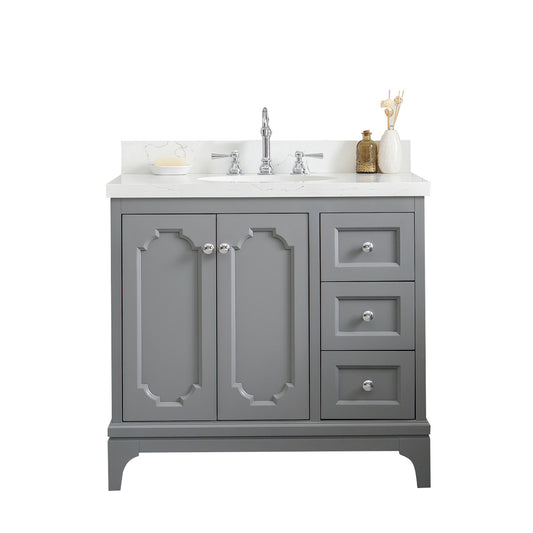 Water Creation | Queen 36-Inch Single Sink Quartz Carrara Vanity In Cashmere Grey  With F2-0012-01-TL Lavatory Faucet(s) | QU36QZ01CG-000TL1201