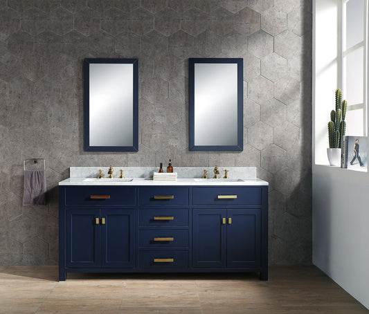 Water Creation | Madison 72-Inch Double Sink Carrara White Marble Vanity In Monarch Blue With Matching Mirror(s) and F2-0013-06-FX Lavatory Faucet(s) | MS72CW06MB-R21FX1306