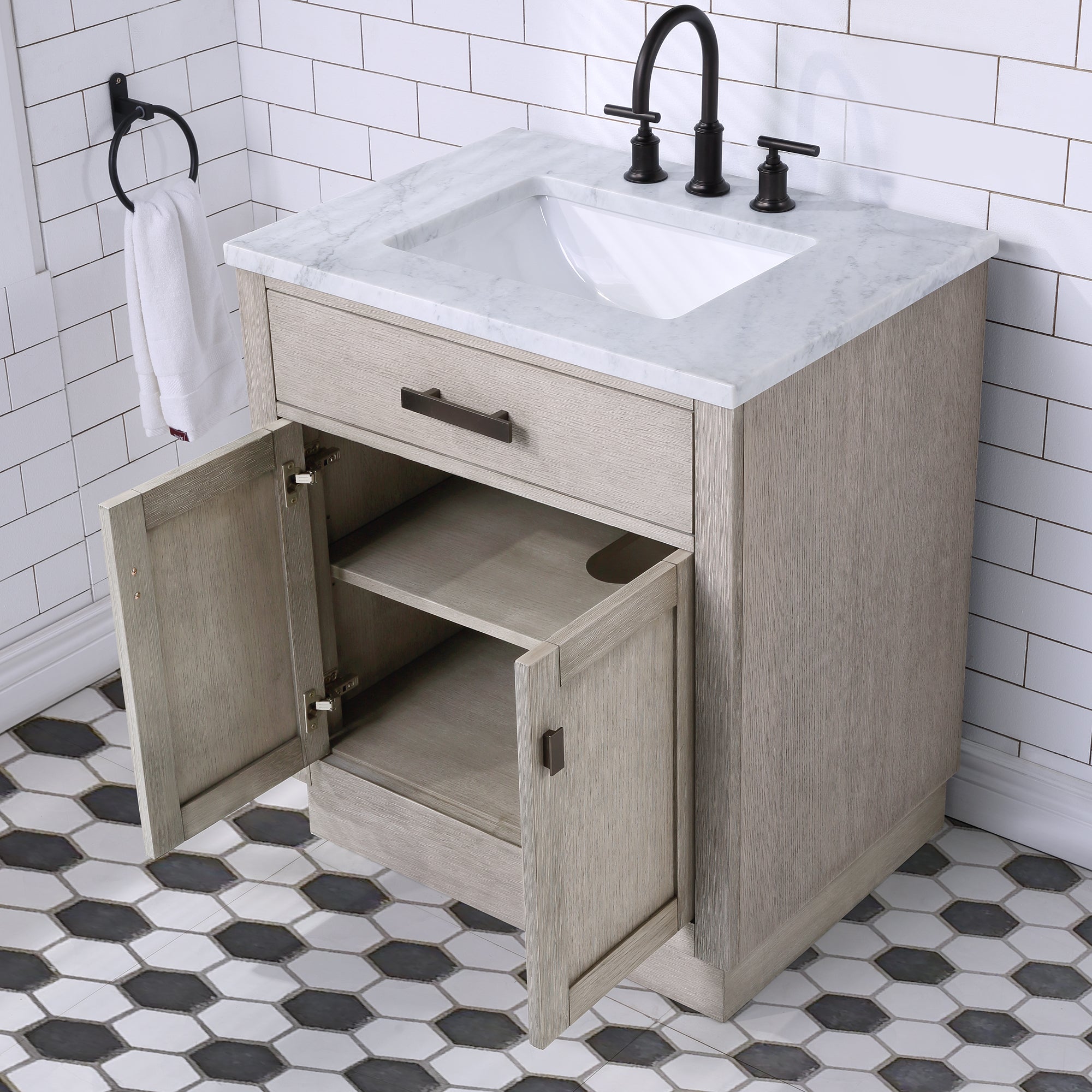 Water Creation | Chestnut 30 In. Single Sink Carrara White Marble Countertop Vanity In Grey Oak with Mirror | CH30CW03GK-R21000000