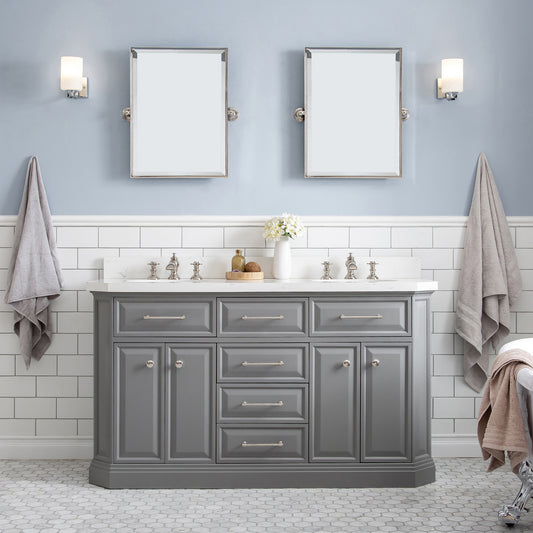 Water Creation | 60" Palace Collection Quartz Carrara Cashmere Grey Bathroom Vanity Set With Hardware And F2-0013 Faucets, Mirror in Polished Nickel (PVD) Finish | PA60QZ05CG-E18FX1305