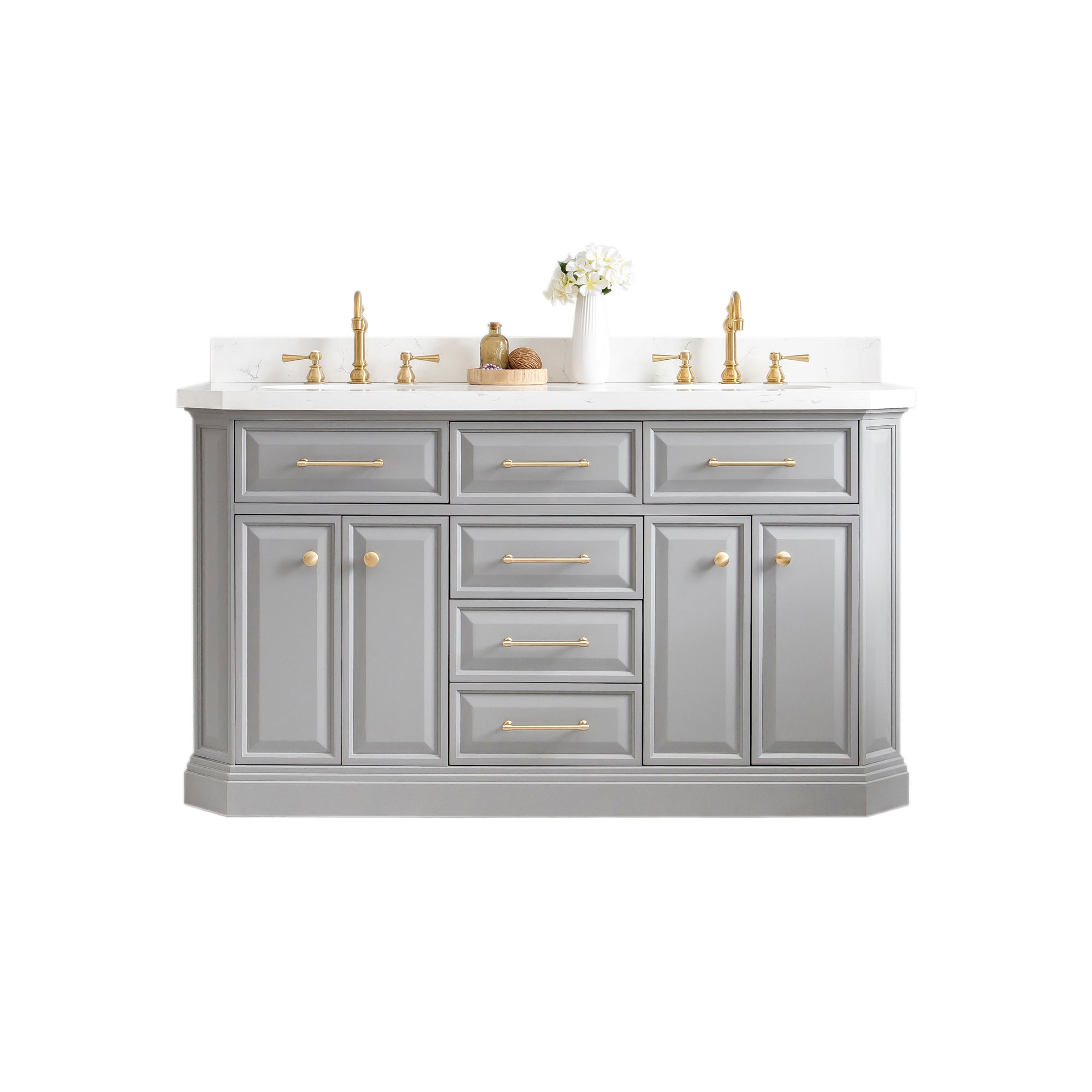 Water Creation | 60" Palace Collection Quartz Carrara Cashmere Grey Bathroom Vanity Set With Hardware And F2-0012 Faucets in Satin Gold Finish And Only Mirrors in Chrome Finish | PA60QZ06CG-000TL1206