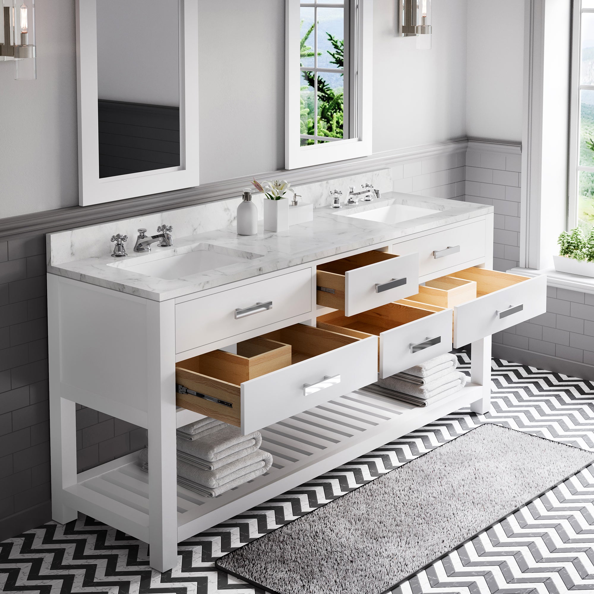 Water Creation | 72 Inch Pure White Double Sink Bathroom Vanity With 2 Matching Framed Mirrors From The Madalyn Collection | MA72CW01PW-R24000000