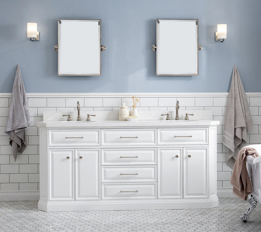 Water Creation | 72" Palace Collection Quartz Carrara Pure White Bathroom Vanity Set With Hardware And F2-0012 Faucets in Polished Nickel (PVD) Finish | PA72QZ05PW-000TL1205