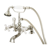 Water Creation | Vintage Classic 7 Inch Spread Deck Mount Tub Faucet With 2 Inch Risers & Handheld Shower in Polished Nickel (PVD) Finish With Porcelain Cross Handles, Hot And Cold Labels Included | F6-0007-05-PX