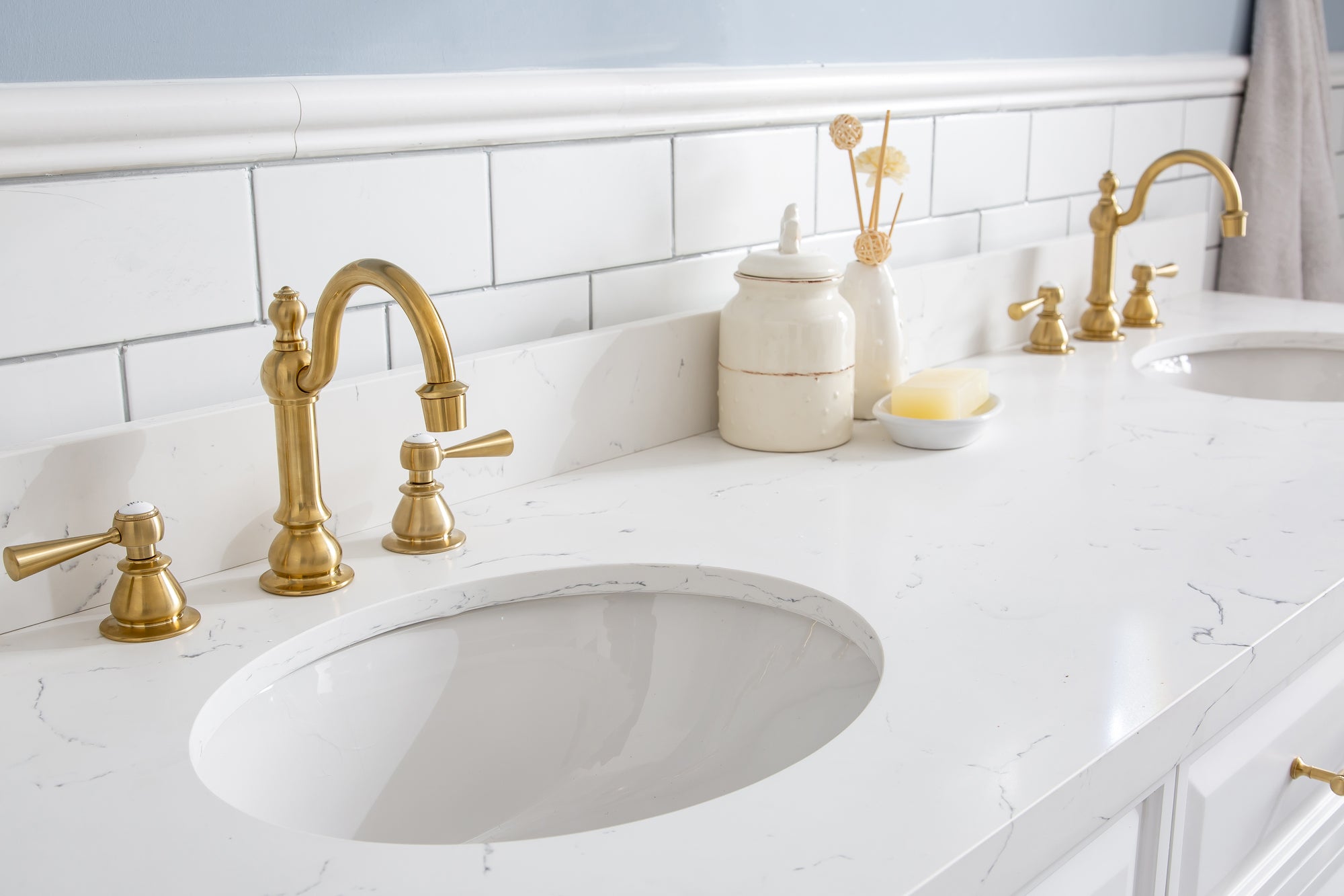 Water Creation | 72" Palace Collection Quartz Carrara Pure White Bathroom Vanity Set With Hardware And F2-0012 Faucets in Satin Gold Finish And Only Mirrors in Chrome Finish | PA72QZ06PW-E18TL1206