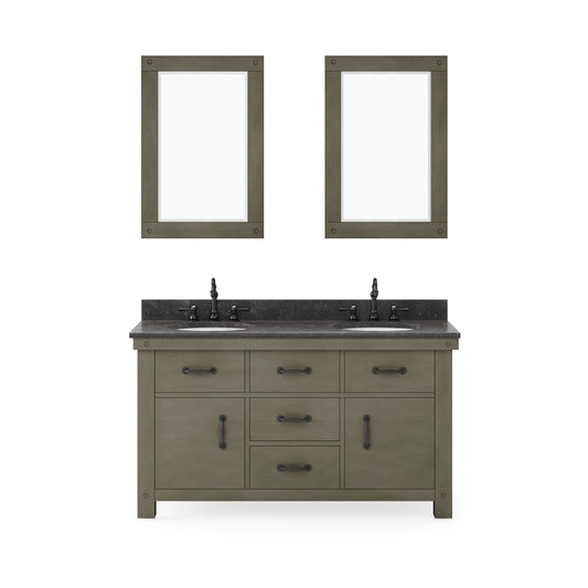 Water Creation | 60 Inch Grizzle Grey Double Sink Bathroom Vanity With Mirrors And Faucets With Blue Limestone Counter Top From The ABERDEEN Collection | AB60BL03GG-A24BX1203