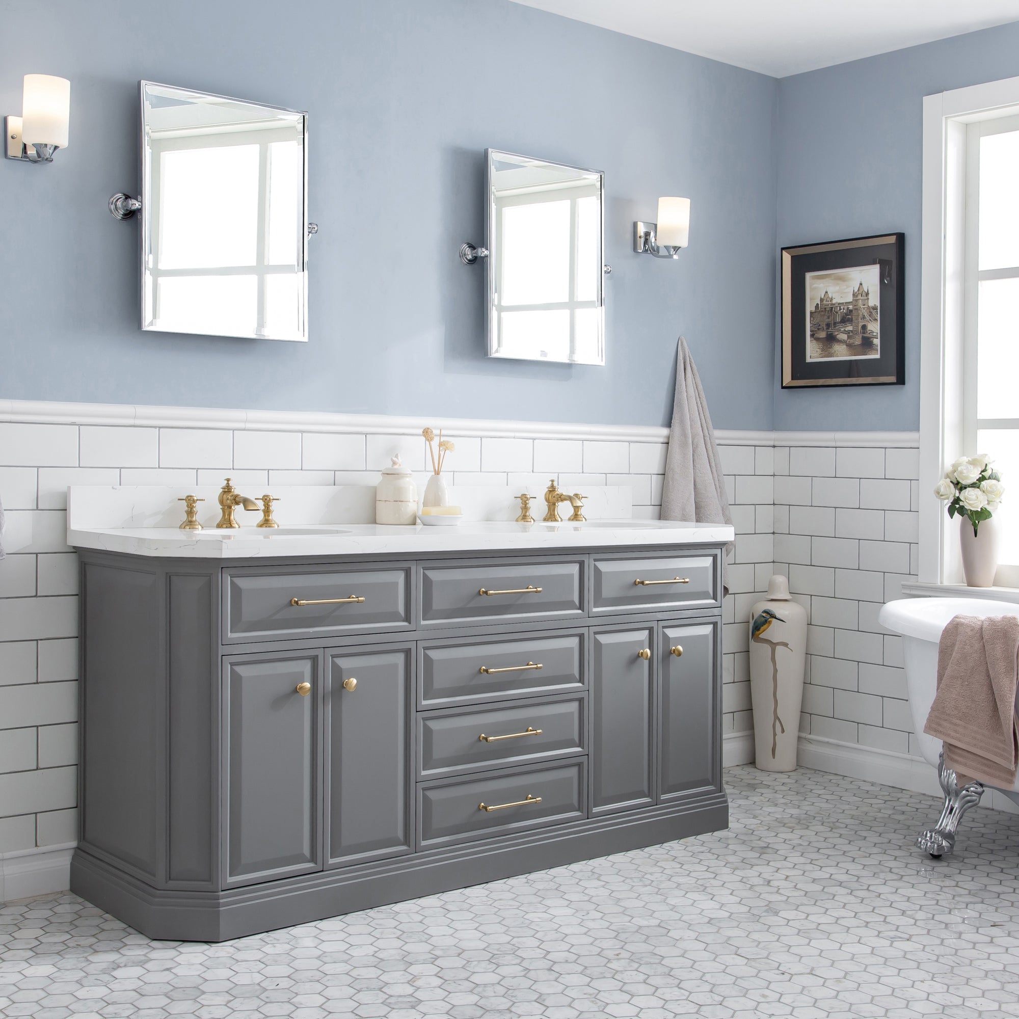 Water Creation | 72" Palace Collection Quartz Carrara Cashmere Grey Bathroom Vanity Set With Hardware in Satin Gold Finish And Only Mirrors in Chrome Finish | PA72QZ06CG-000000000