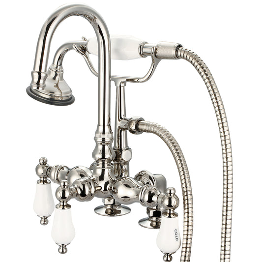 Water Creation | Vintage Classic 3.375 Inch Center Deck Mount Tub Faucet With Gooseneck Spout, 2 Inch Risers & Handheld Shower in Polished Nickel (PVD) Finish With Porcelain Lever Handles, Hot And Cold Labels Included | F6-0013-05-CL