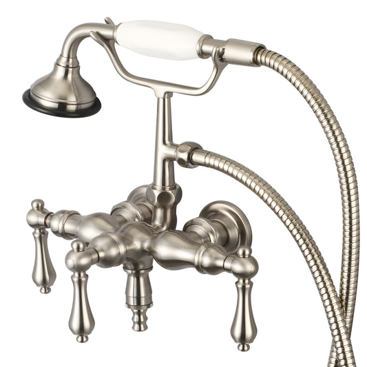 Water Creation | Vintage Classic 3.375 Inch Center Wall Mount Tub Faucet With Down Spout, Straight Wall Connector & Handheld Shower in Brushed Nickel Finish With Metal Lever Handles Without Labels | F6-0017-02-AL