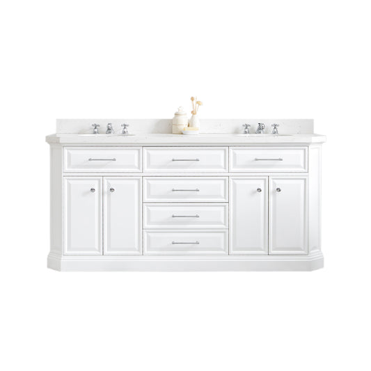 Water Creation | 72" Palace Collection Quartz Carrara Pure White Bathroom Vanity Set With Hardware And F2-0009 Faucets in Chrome Finish | PA72QZ01PW-000BX0901