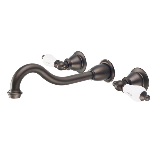 Water Creation | Elegant Spout Wall Mount Vessel/Lavatory Faucets in Oil-rubbed Bronze Finish Finish With Porcelain Lever Handles, Hot And Cold Labels Included | F4-0001-03-CL