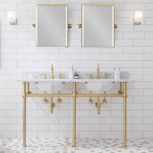 Water Creation | Embassy 60 Inch Wide Double Wash Stand, P-Trap, Counter Top with Basin, F2-0012 Faucet and Mirror included in Satin Gold Finish | EB60E-0612