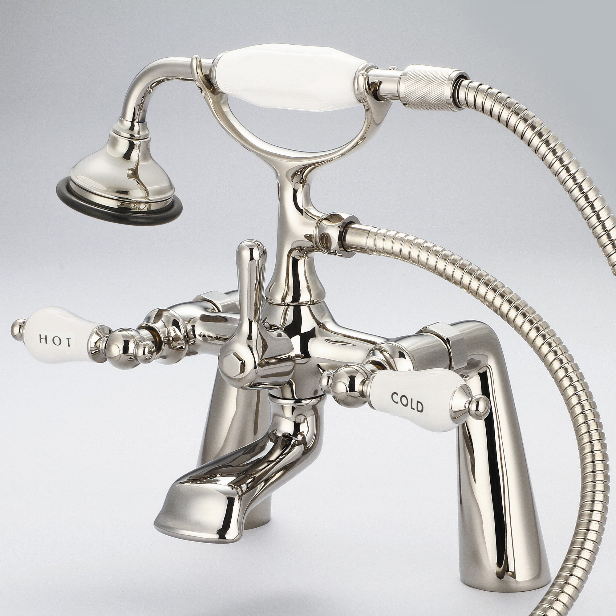 Water Creation | Vintage Classic 7 Inch Spread Deck Mount Tub Faucet With Handheld Shower in Polished Nickel (PVD) Finish With Porcelain Lever Handles, Hot And Cold Labels Included | F6-0003-05-CL