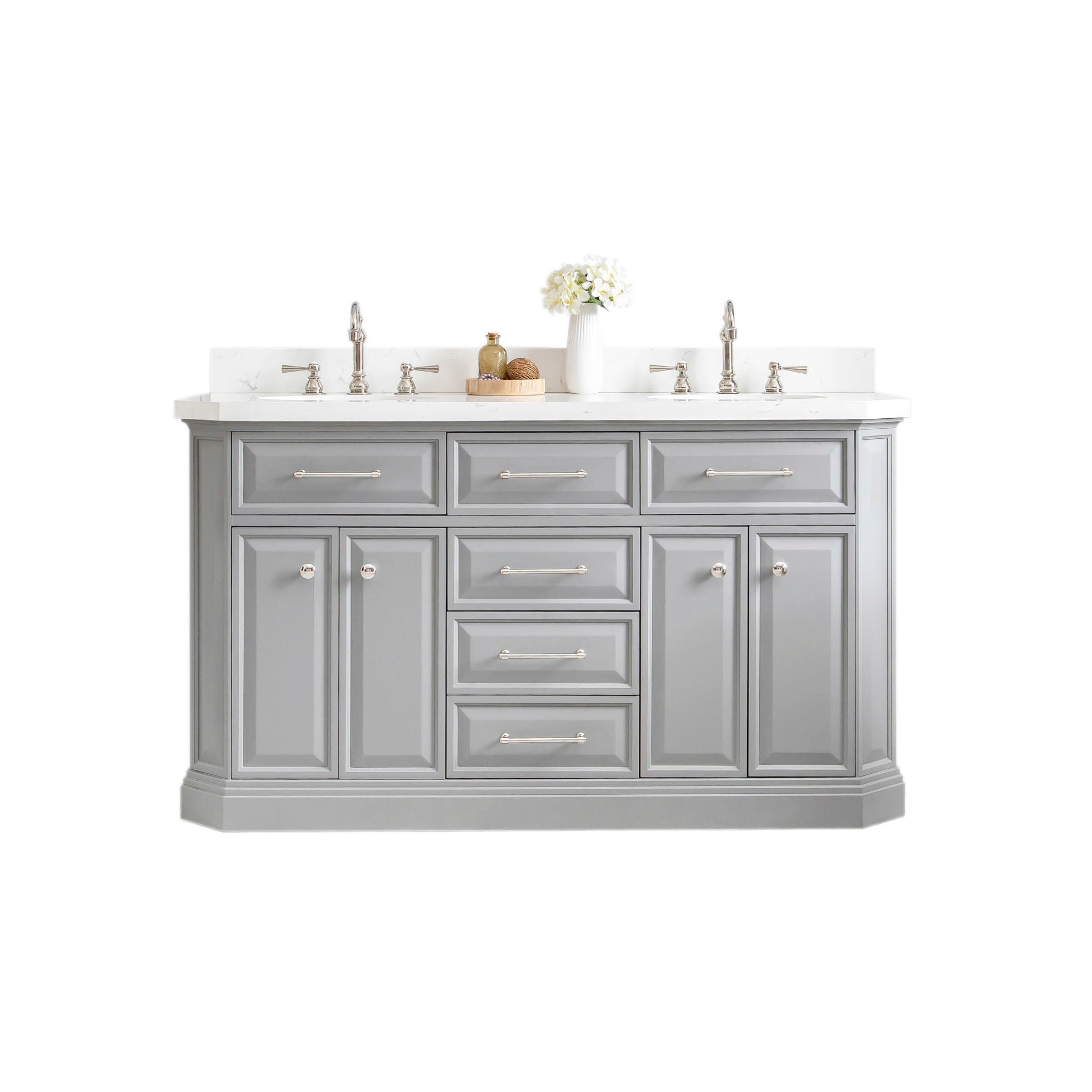 Water Creation | 60" Palace Collection Quartz Carrara Cashmere Grey Bathroom Vanity Set With Hardware And F2-0012 Faucets in Polished Nickel (PVD) Finish | PA60QZ05CG-000TL1205