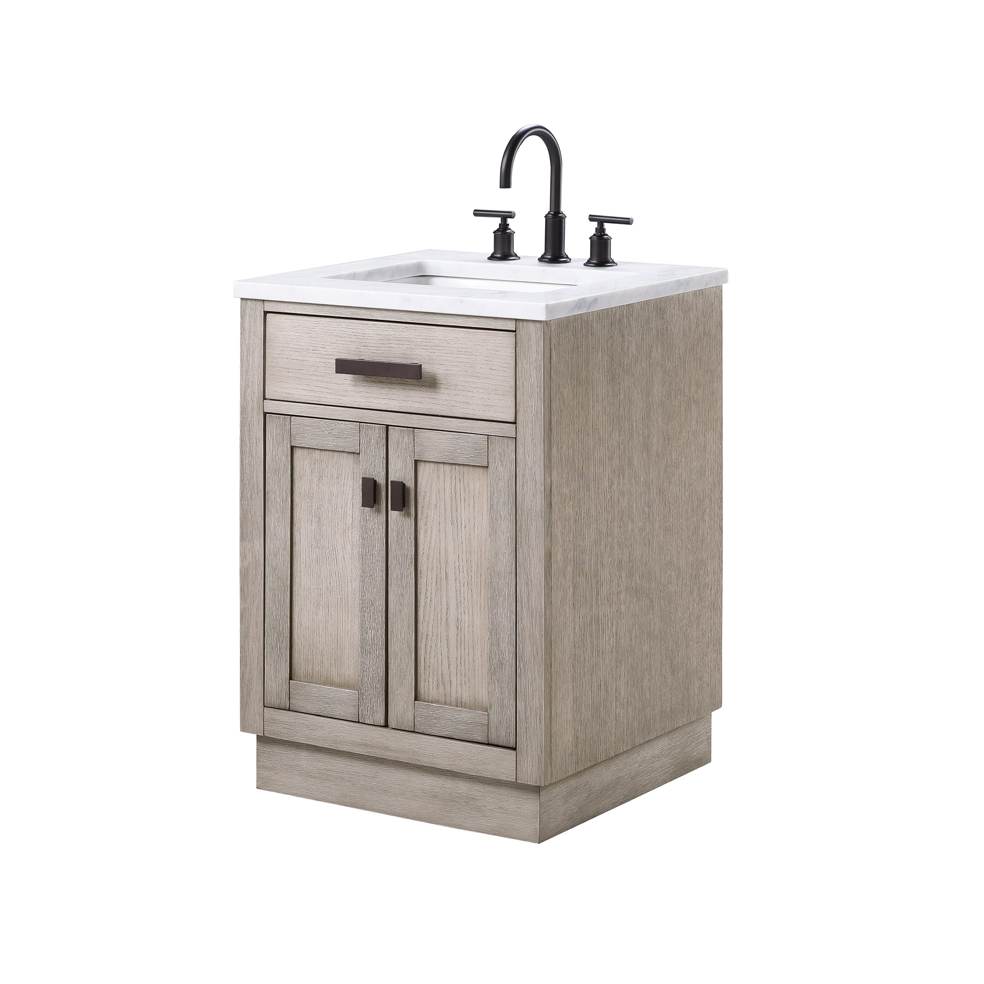 Water Creation | Chestnut 24 In. Single Sink Carrara White Marble Countertop Vanity In Grey Oak with Grooseneck Faucet | CH24CW03GK-000BL1403