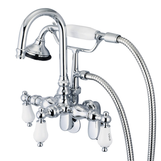 Water Creation | Vintage Classic Adjustable Spread Wall Mount Tub Faucet With Gooseneck Spout, Swivel Wall Connector & Handheld Shower in Chrome Finish With Porcelain Lever Handles, Hot And Cold Labels Included | F6-0011-01-CL