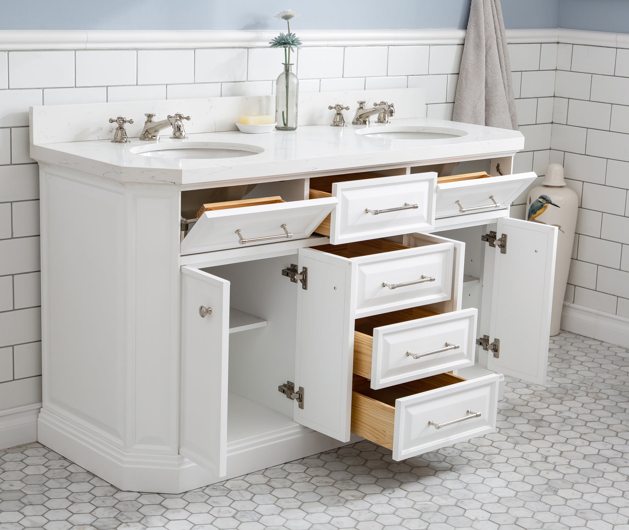 Water Creation | 60" Palace Collection Quartz Carrara Pure White Bathroom Vanity Set With Hardware in Polished Nickel (PVD) Finish | PA60QZ05PW-000000000